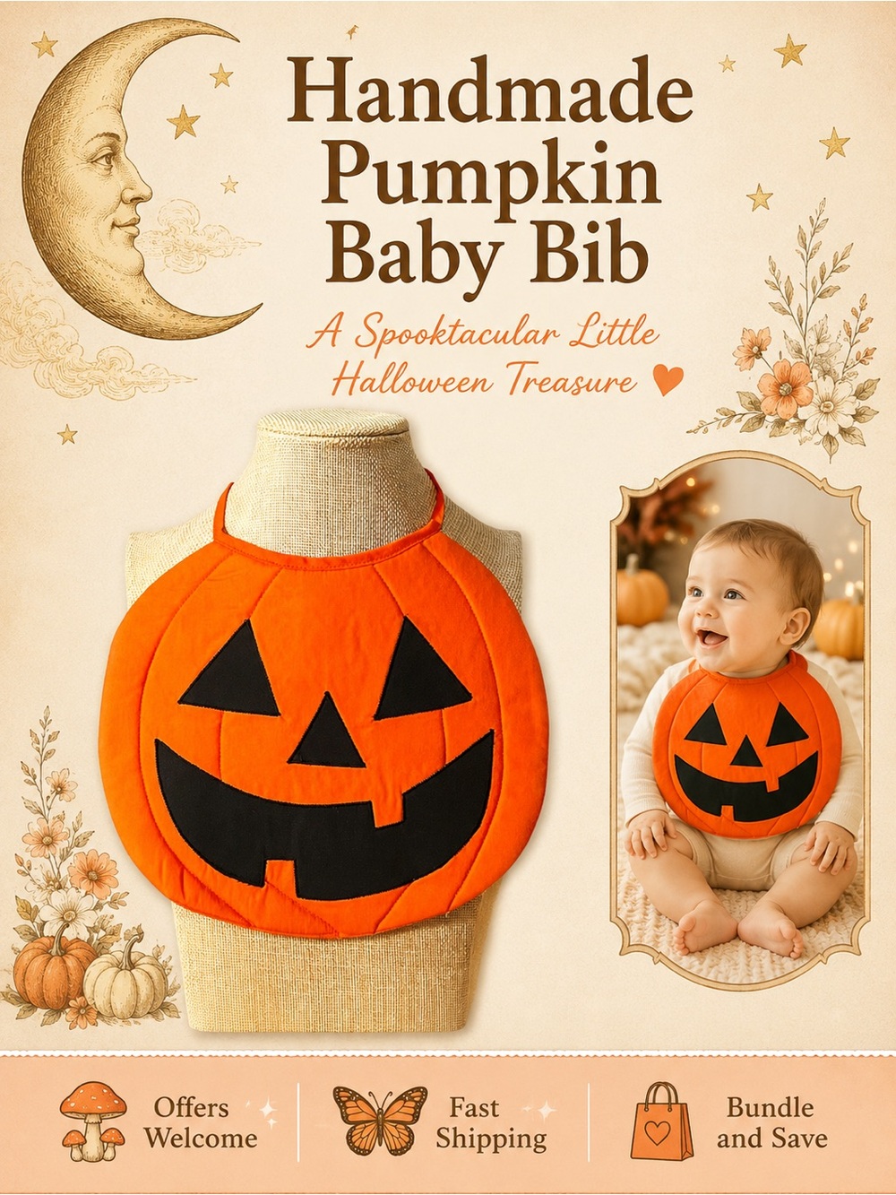 Handmade Pumpkin Jack-O’-Lantern Baby Bib Halloween Infant Bib